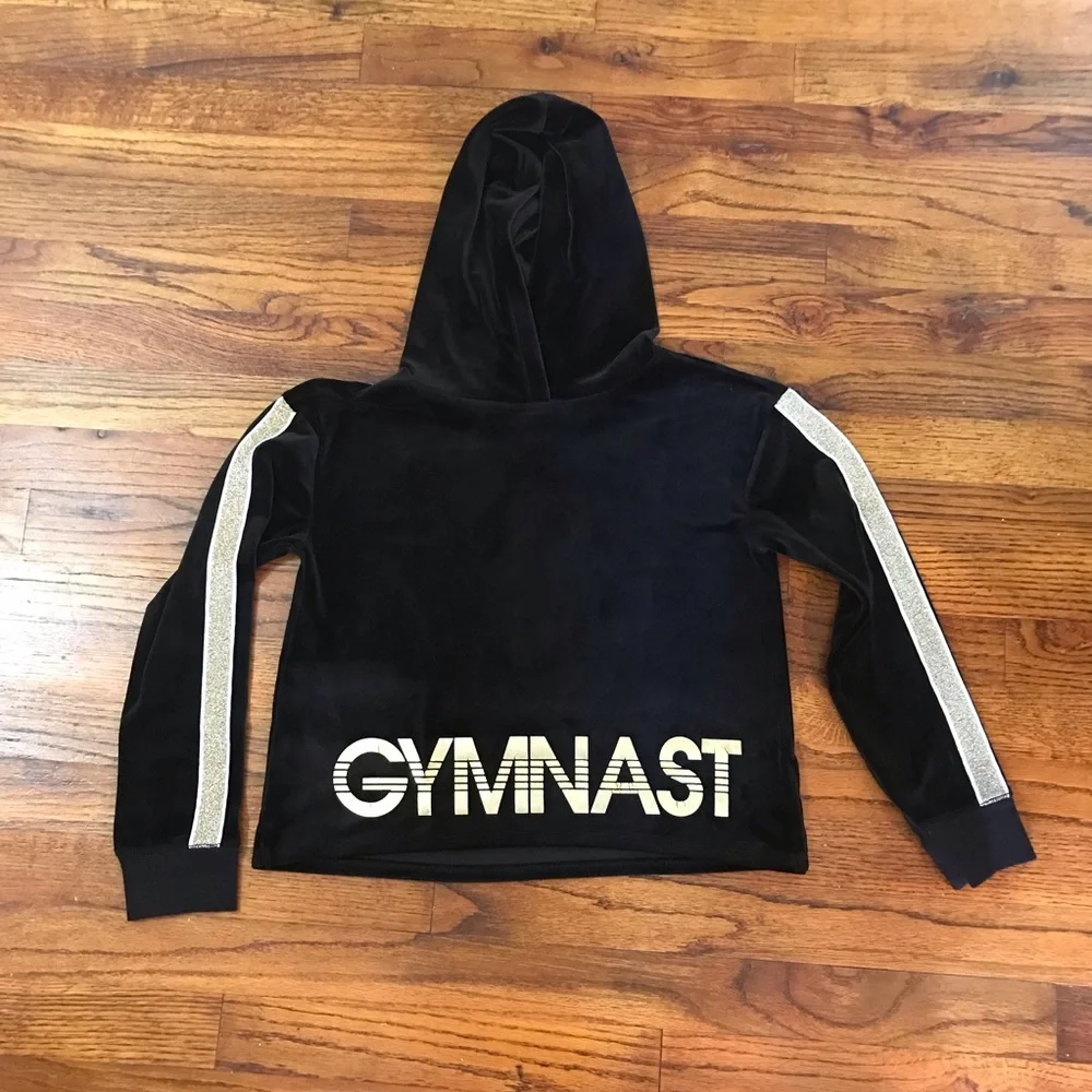 Girls Justice Active Gymnast Hooded Hoodie Blouse Top Black w/ Gold Graphics 10